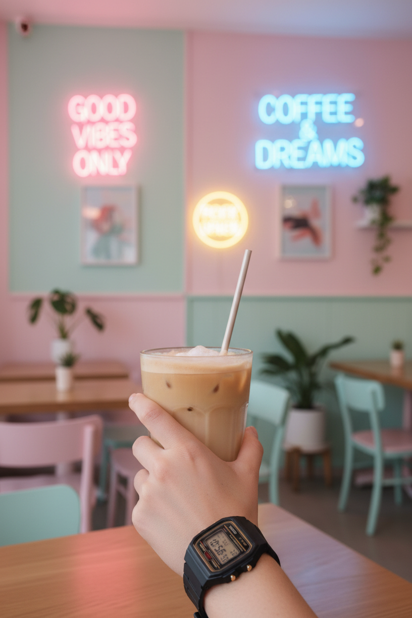 Casio F-91WG-9QDF lifestyle - café aesthetic trendy