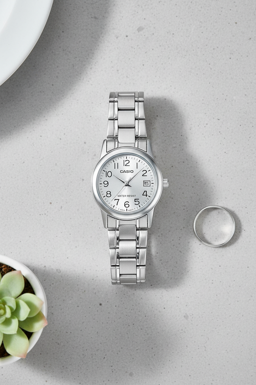 Casio LTP-V002D-7BUDF sobre concreto gris minimalista