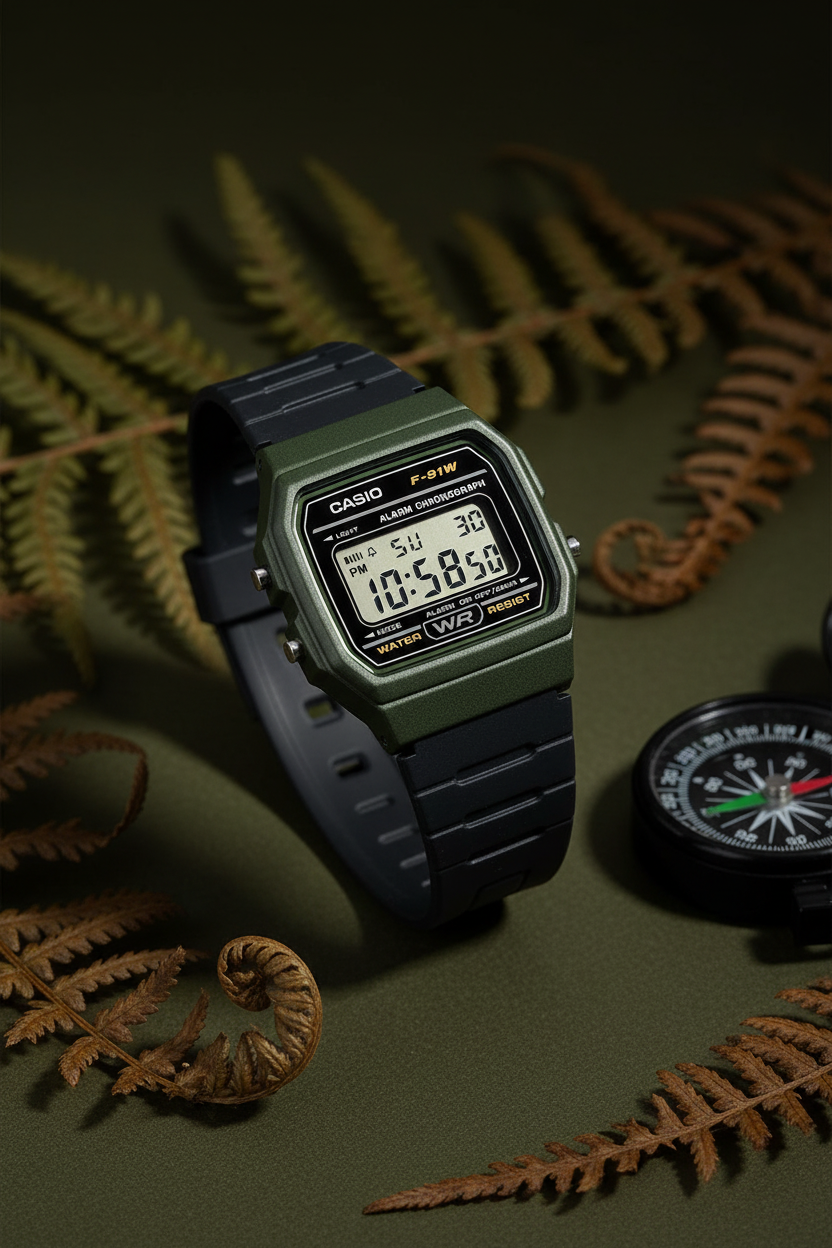 Casio F-91WM-3ADF sobre fondo olive con brújula
