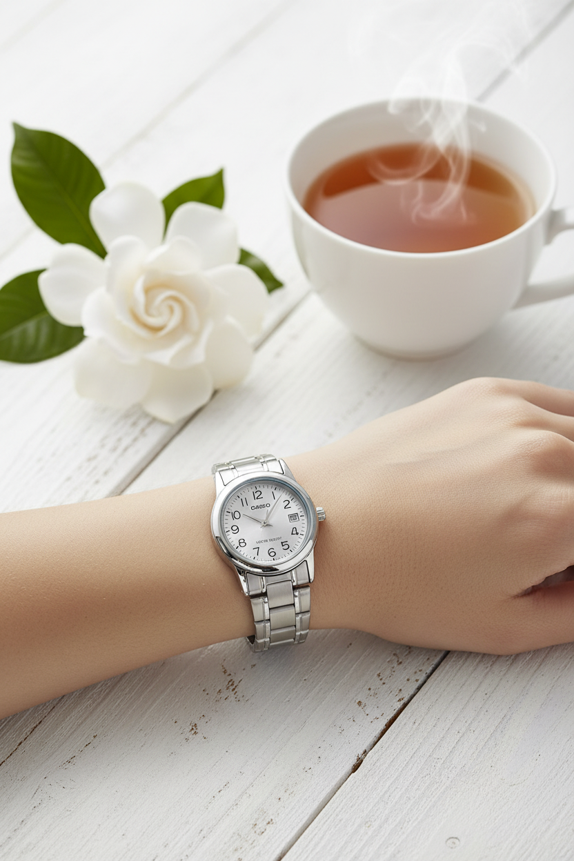 Casio LTP-V002D-7BUDF en muñeca, mesa blanca con té y flor
