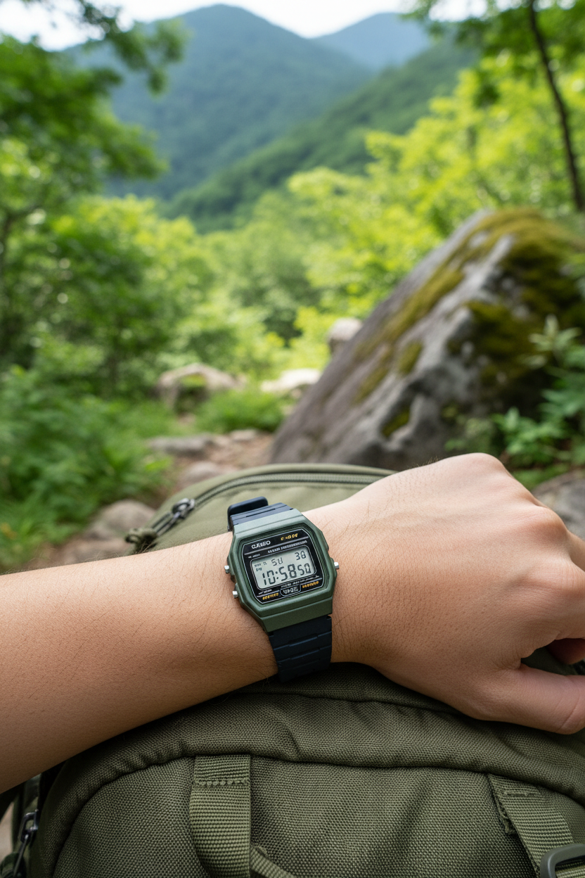 Casio F-91WM-3ADF en muñeca en hiking trail montaña