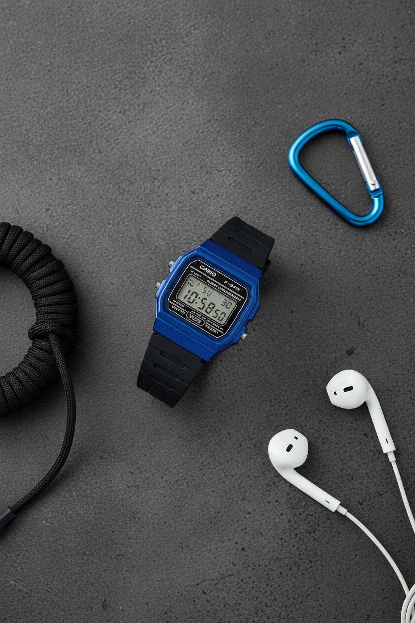 Casio F-91WM-2ADF flat lay sobre concreto con accesorios streetwear