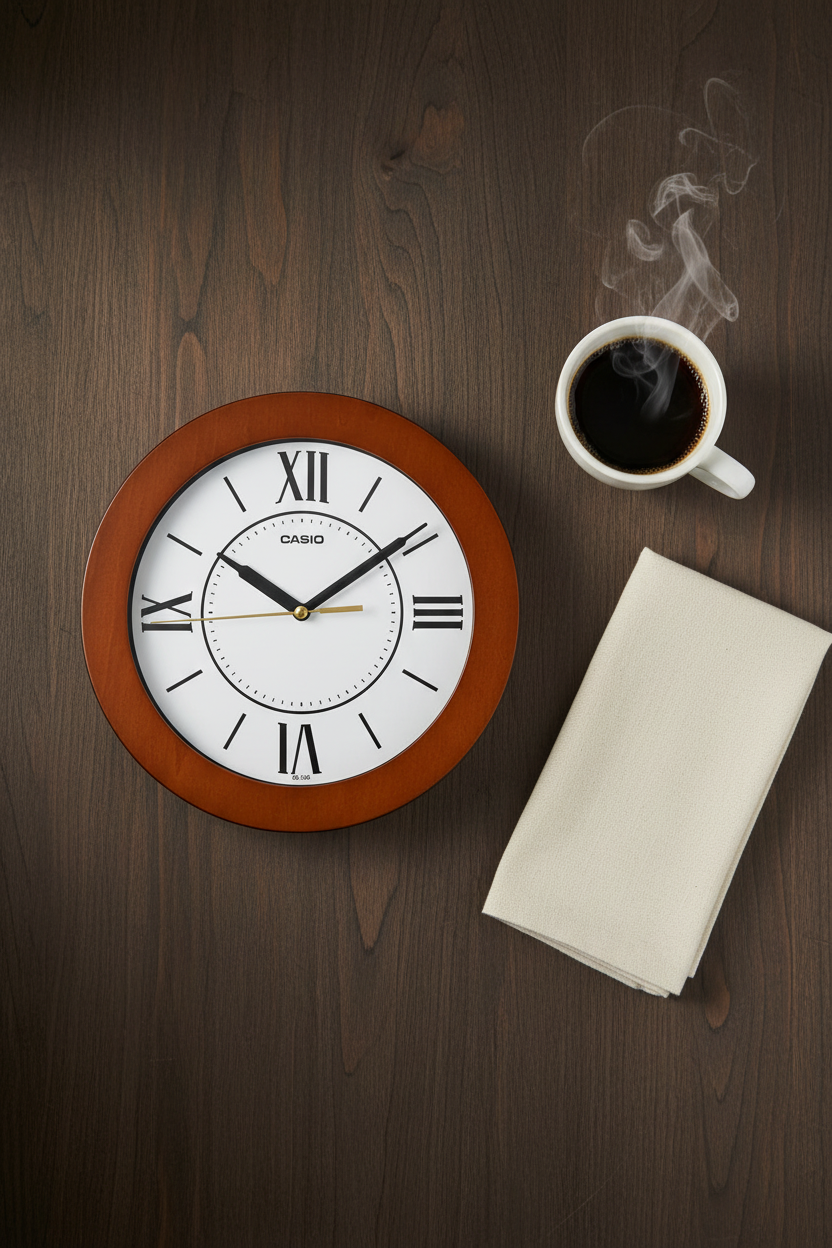 Casio IQ-126-5BDF flat lay sobre nogal con café