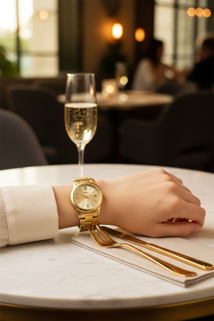 Casio LTP-V002G-9B3UDF en muñeca en restaurante con champagne y cubiertos dorados
