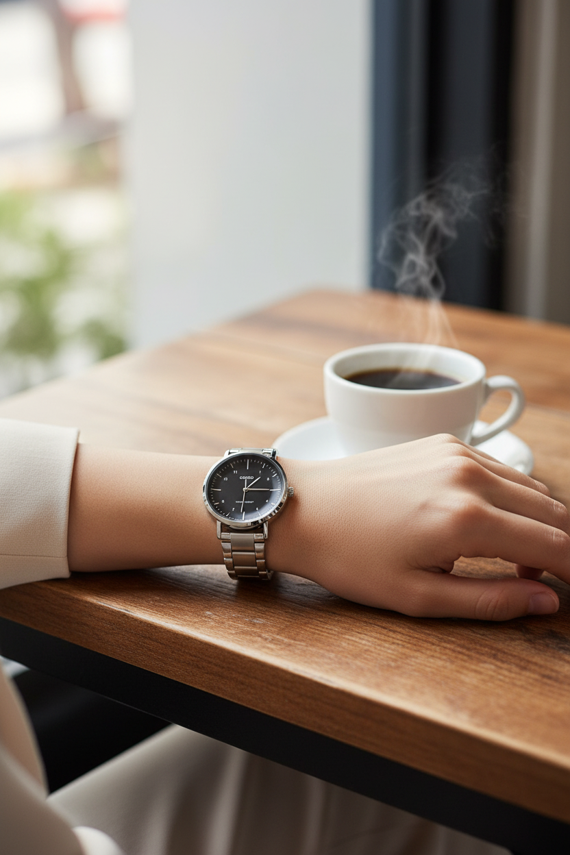 Casio LTP-VT03D-1BDF en muñeca, escena de café matutino