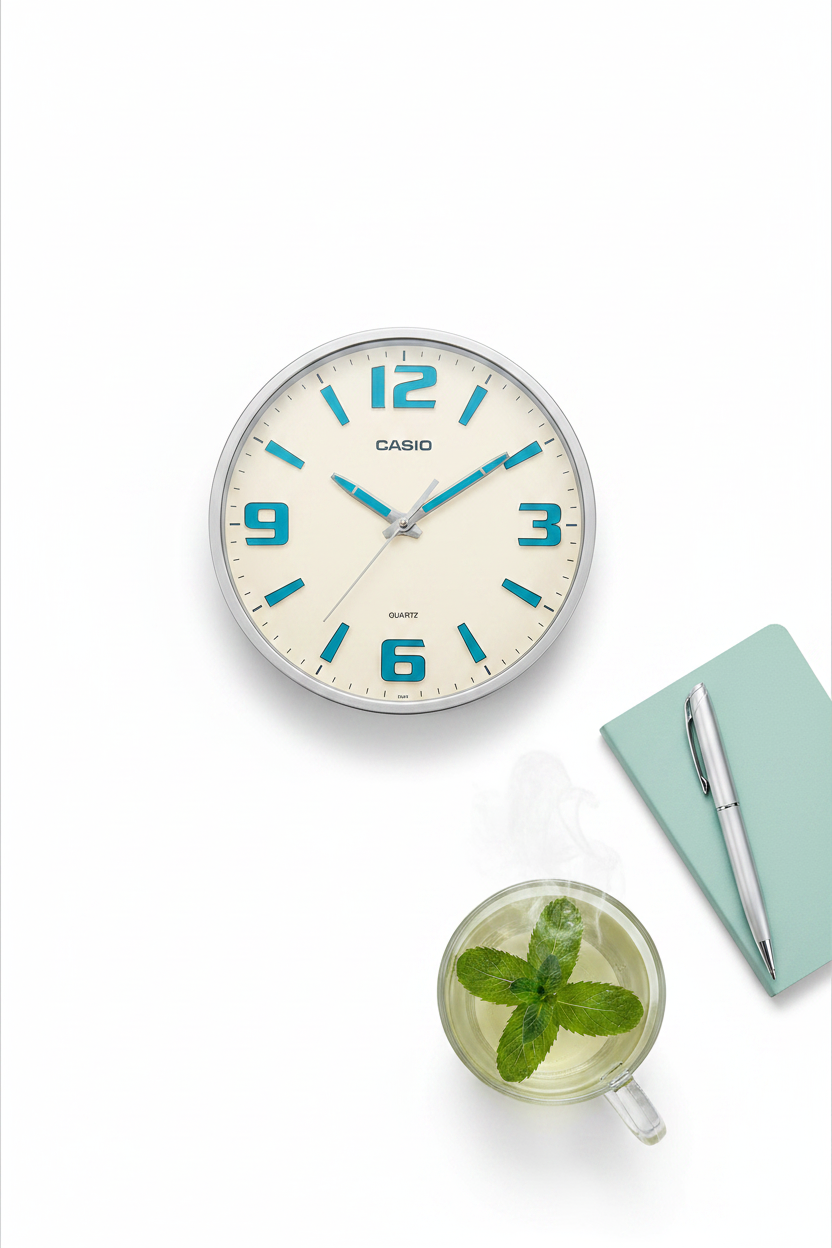 Casio IQ-63-7DF flat lay con té de menta y libreta teal