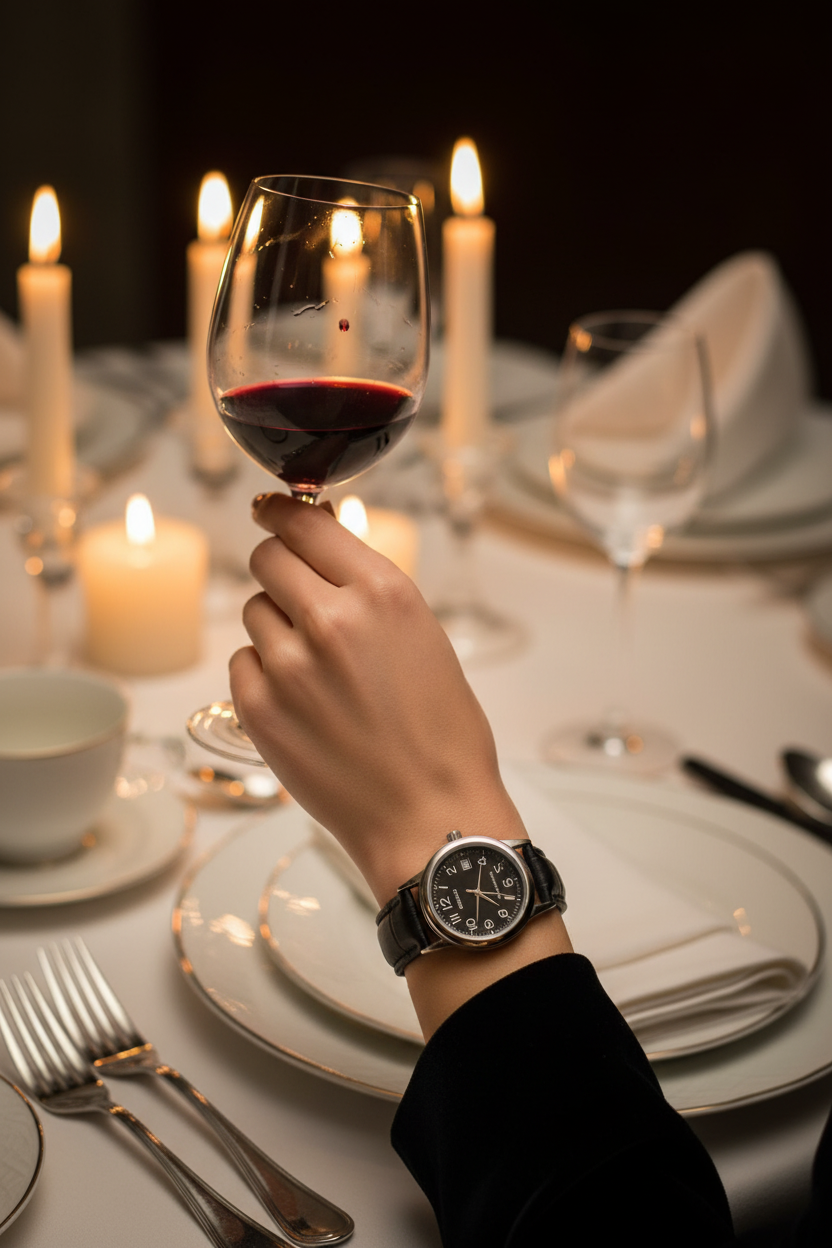 Casio LTP-V002L-1BUDF en muñeca en cena formal con vino