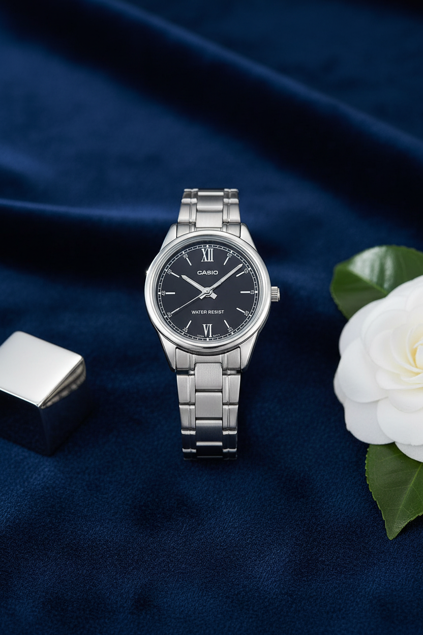 Casio LTP-V005D-1B2UDF sobre terciopelo navy con contraste plateado