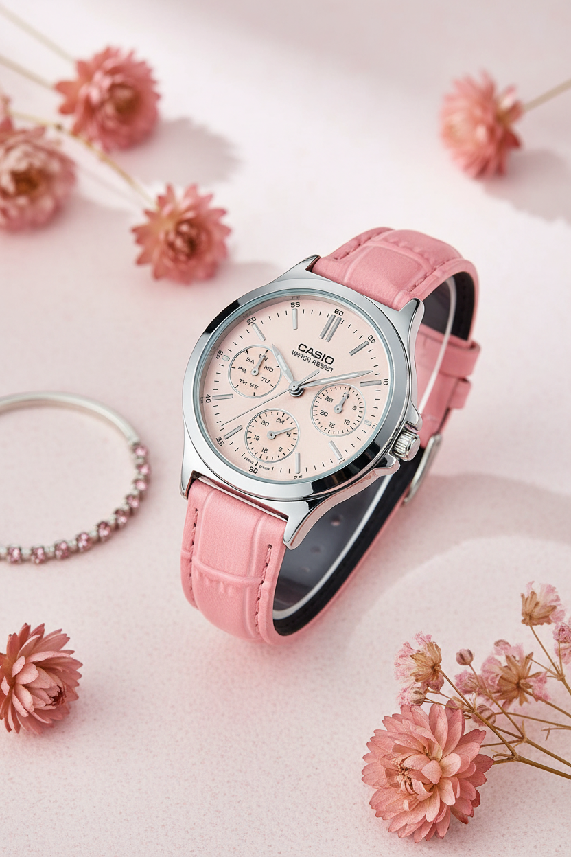 Casio LTP-V300L-4AUDF sobre superficie rosa con flores secas
