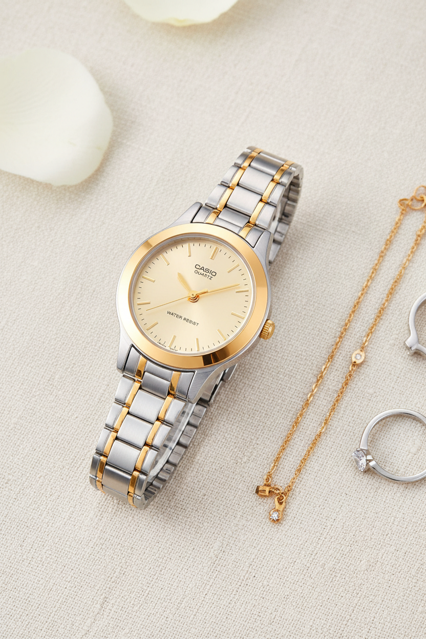 Casio LTP-1128G-9ARDF flat lay sobre lino crema con accesorios gold