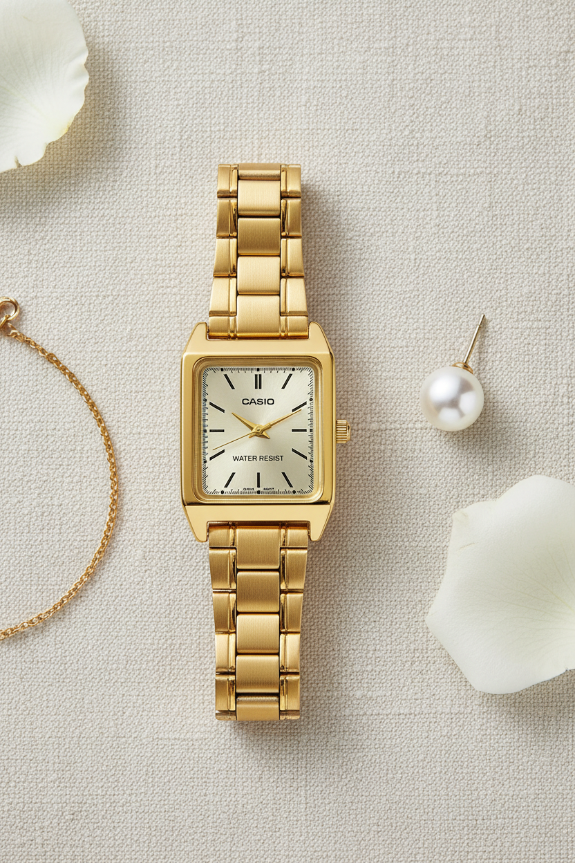 Casio LTP-V007G-9EUDF flat lay sobre lino crema con accesorios dorados