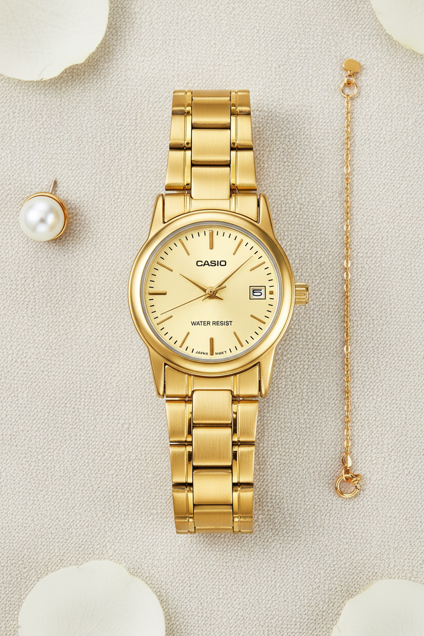Casio LTP-V002G-9AUDF flat lay sobre lino crema con accesorios dorados
