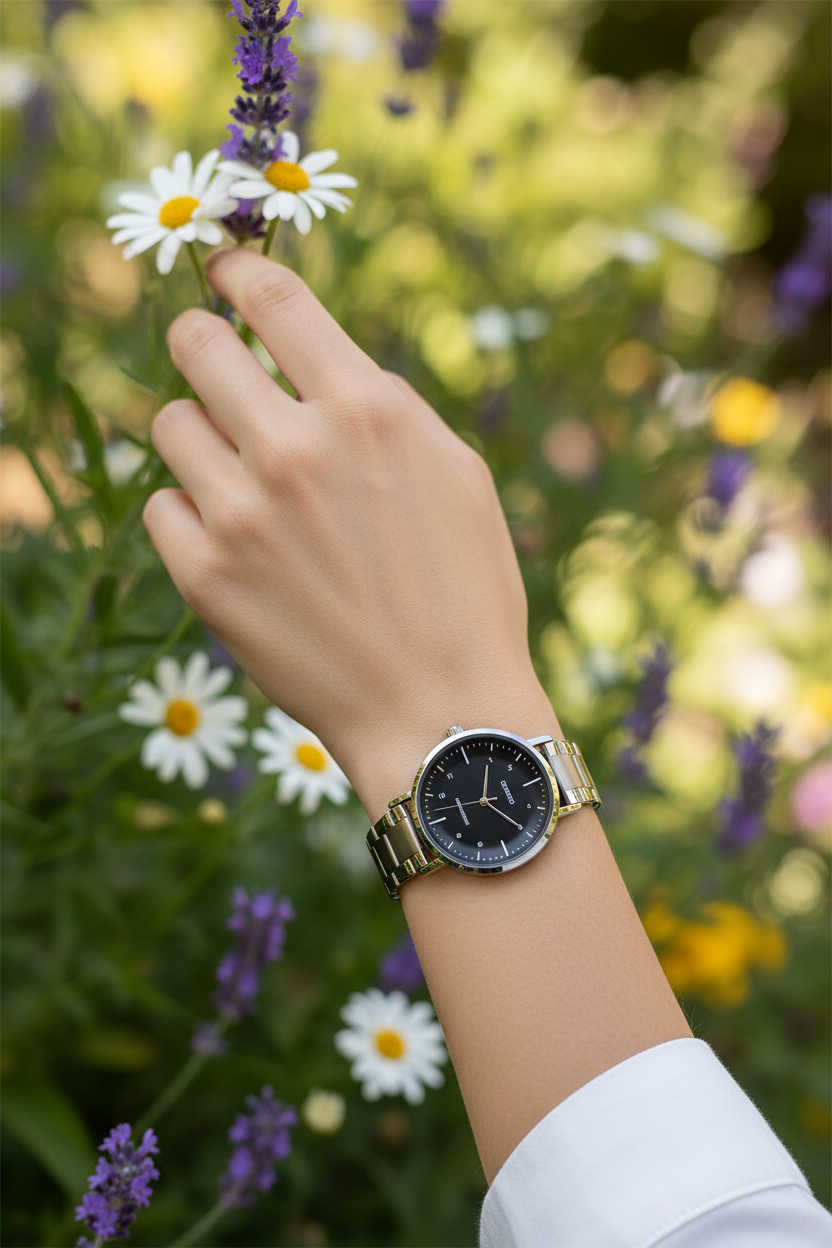 Casio LTP-VT03D-1BDF en muñeca, escena de jardín