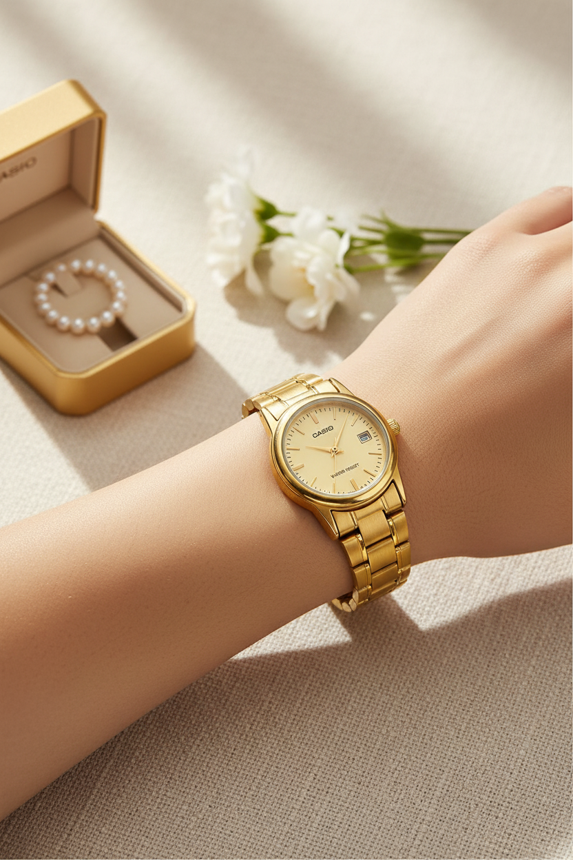 Casio LTP-V002G-9AUDF en muñeca en mañana con joyero y flores
