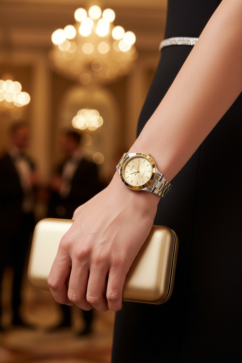 Casio LTP-1128G-9ARDF en muñeca en evento cocktail glamoroso