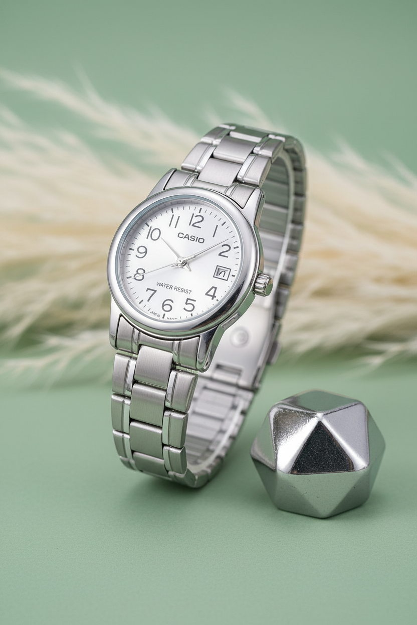 Casio LTP-V002D-7BUDF sobre fondo sage green con pampas