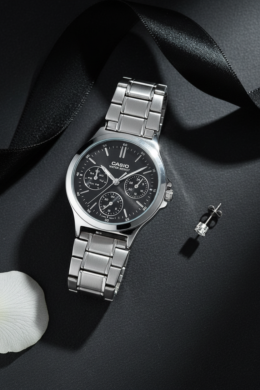 Casio LTP-V300D-1AUDF flat lay sobre pizarra oscura