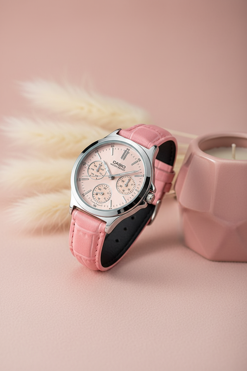 Casio LTP-V300L-4AUDF sobre fondo blush con pampas blancas