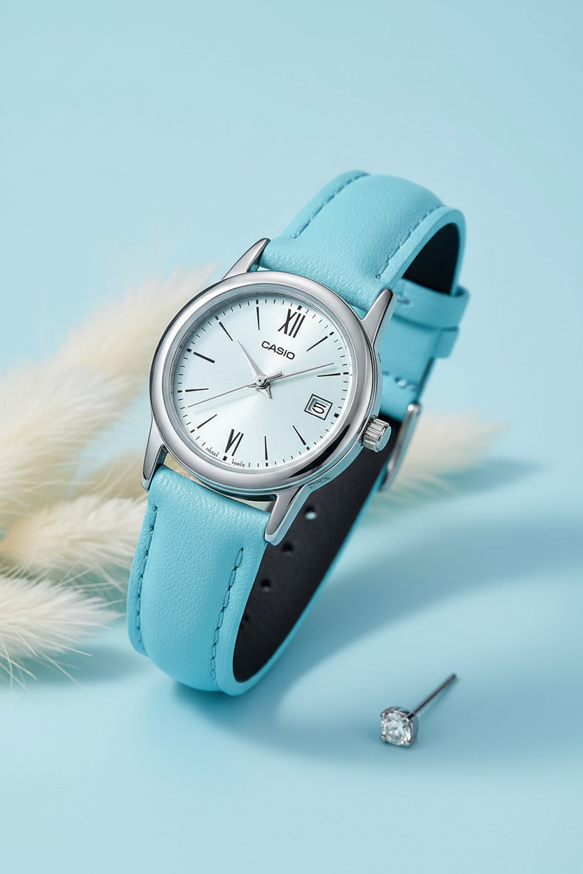 Casio LTP-V002L-2B3UDF sobre fondo pastel azul con pampas