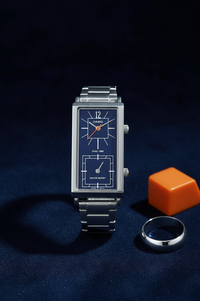 Casio LTP-E151D-2BDF sobre terciopelo navy con acento naranja