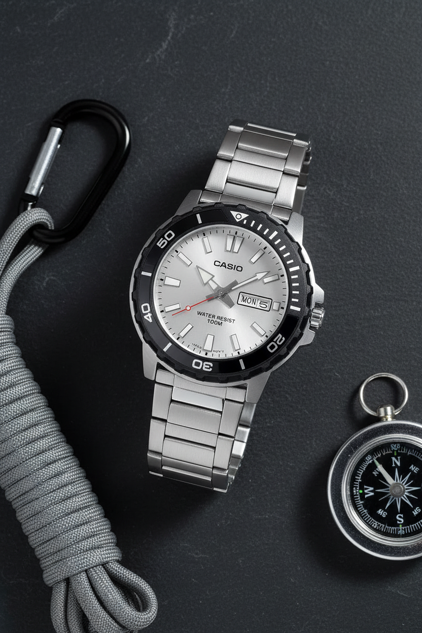 Casio MTD-125D-7AVDF flat lay sobre pizarra premium