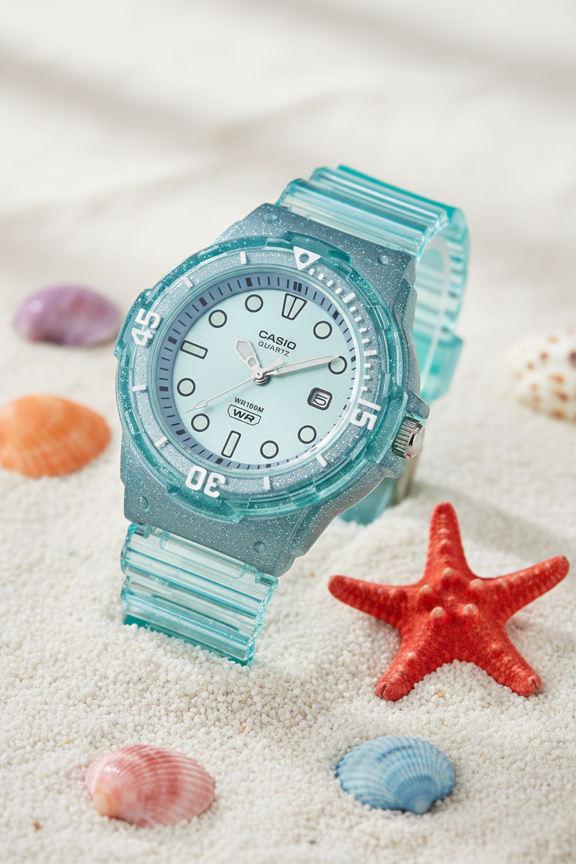 Casio LRW-200HS-2EVDF sobre arena blanca con conchas