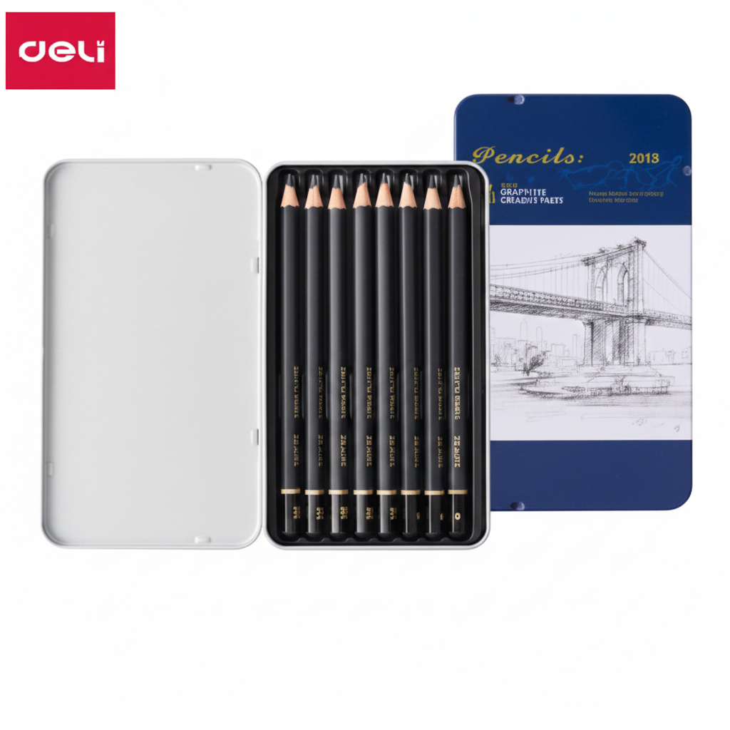 Set de lapices de grafito DELI Mina surtida Caja metalica Negro x8 Unidades