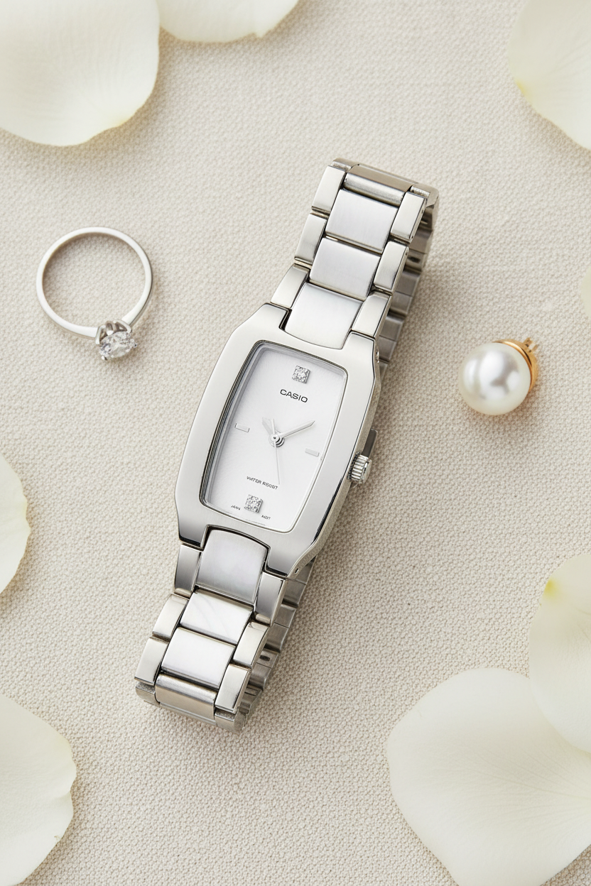 Casio LTP-1165A-7C2DF flat lay sobre lino con pétalos de rosa
