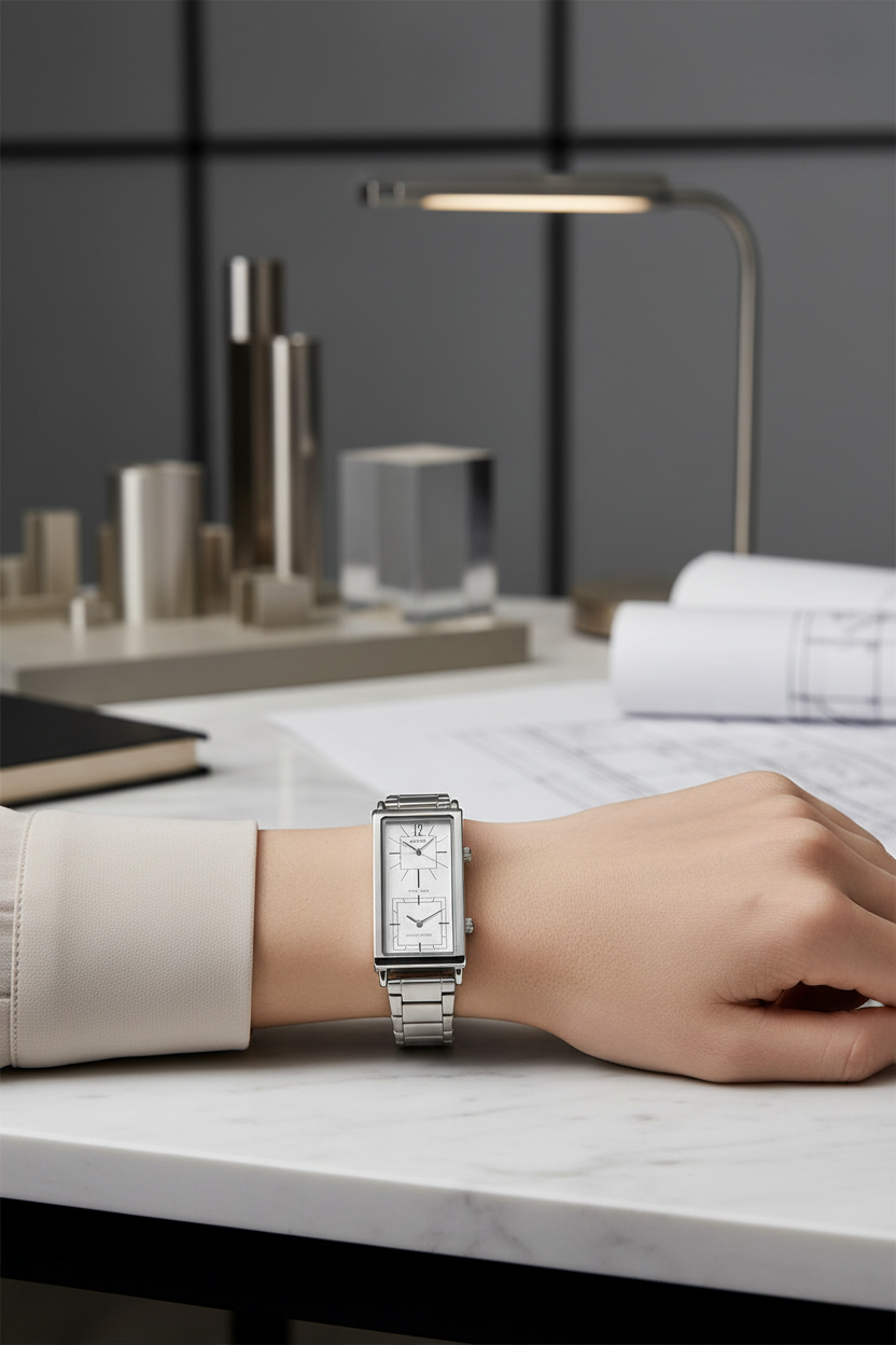 Casio LTP-E151D-7BDF en muñeca en estudio de diseño arquitectónico
