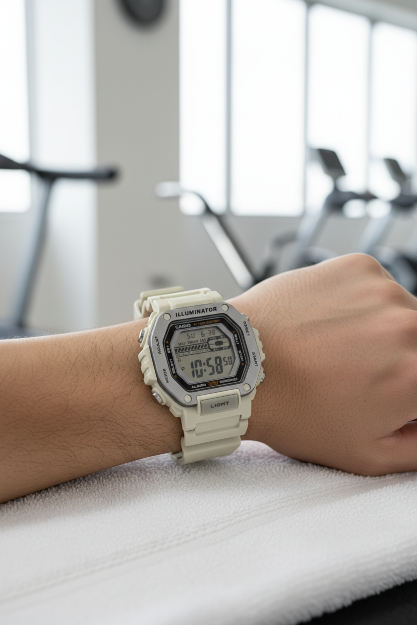 Casio MWD-110H-8AVDF en muñeca en gym minimalista blanco