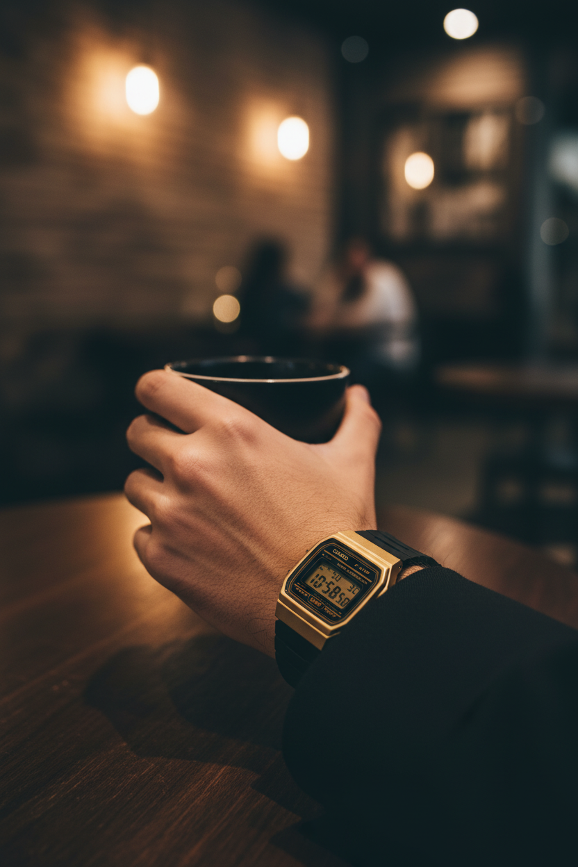 Casio F-91WM-9ADF en muñeca en café moody golden