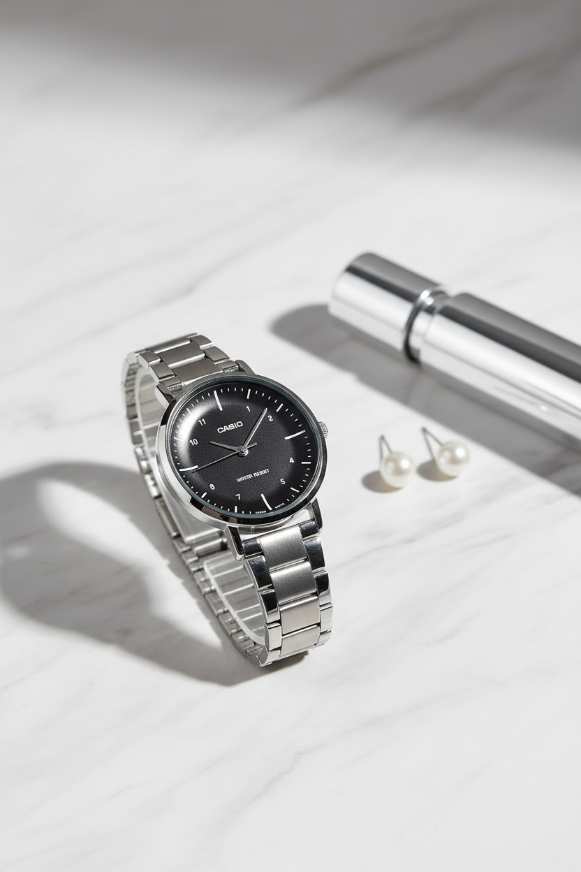 Casio LTP-VT03D-1BDF sobre mármol blanco con accesorios femeninos