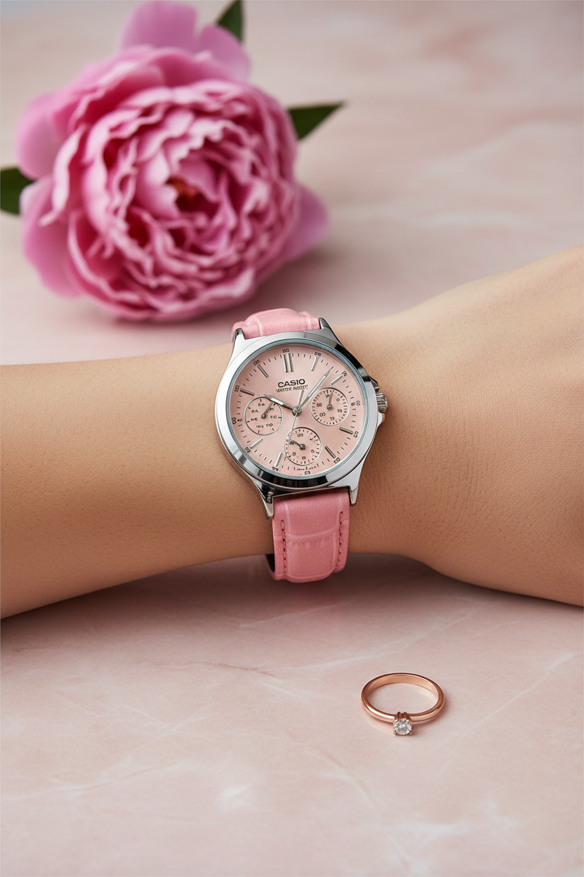 Casio LTP-V300L-4AUDF en muñeca en mármol rosa con peonía