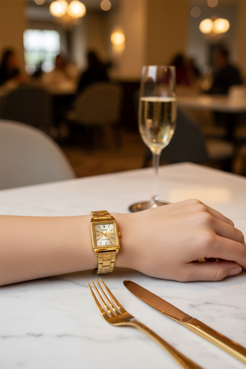 Casio LTP-V007G-9EUDF en muñeca en restaurante con champagne