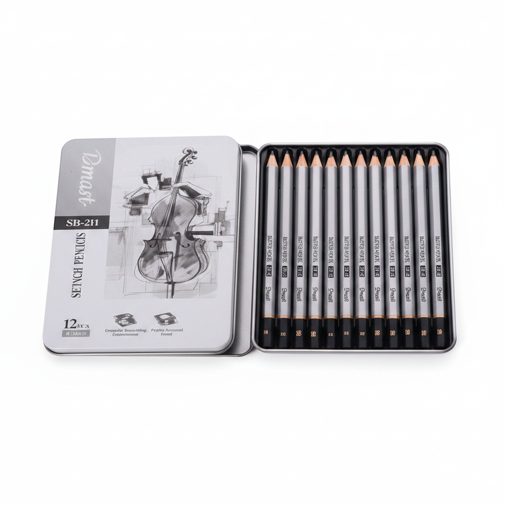 Set de lapices de grafito DELI 8 minas 2H a 8B Negro Caja metalica x12 Unidades