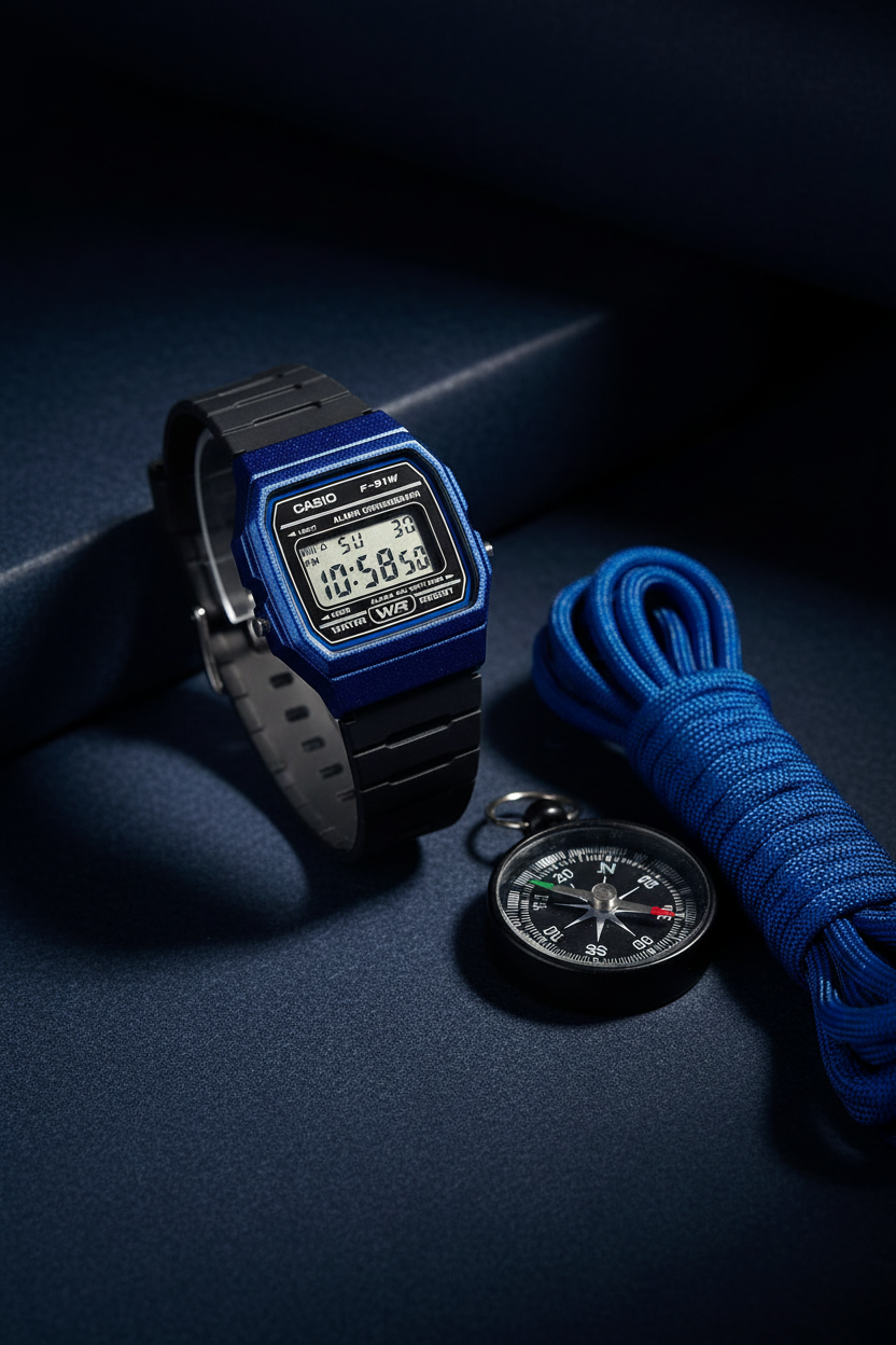 Casio F-91WM-2ADF sobre fondo navy con paracord azul