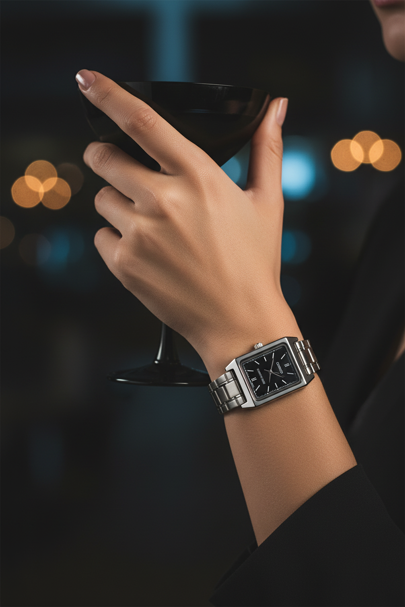 Casio LTP-V007D-1EUDF en muñeca en evento nocturno moody
