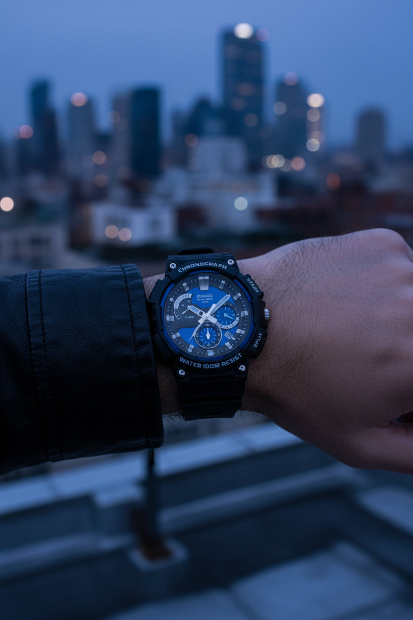 Casio MCW-200H-2AVDF en muñeca en rooftop blue hour