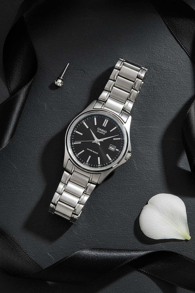 Casio LTP-1183A-1ADF flat lay sobre pizarra oscura
