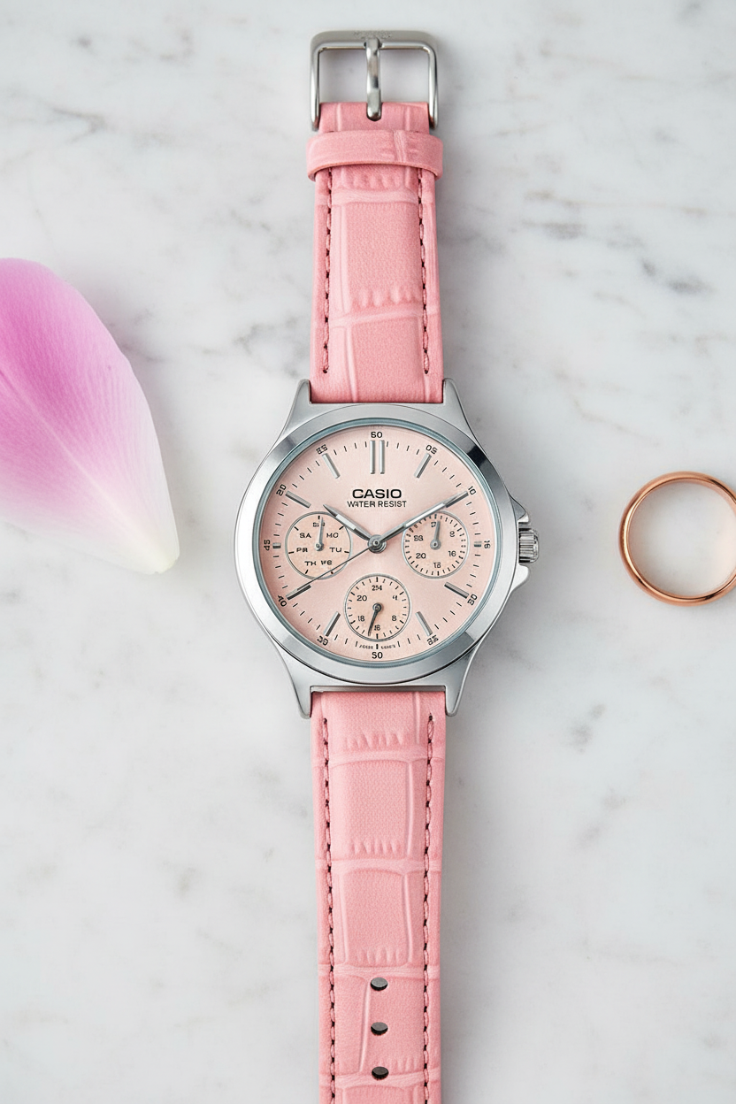 Casio LTP-V300L-4AUDF sobre mármol blanco con peonía y rose gold