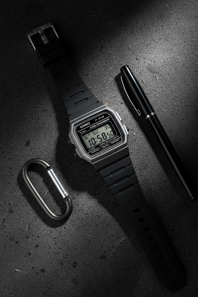 Casio F-91WM-1BDF sobre concreto dark stealth