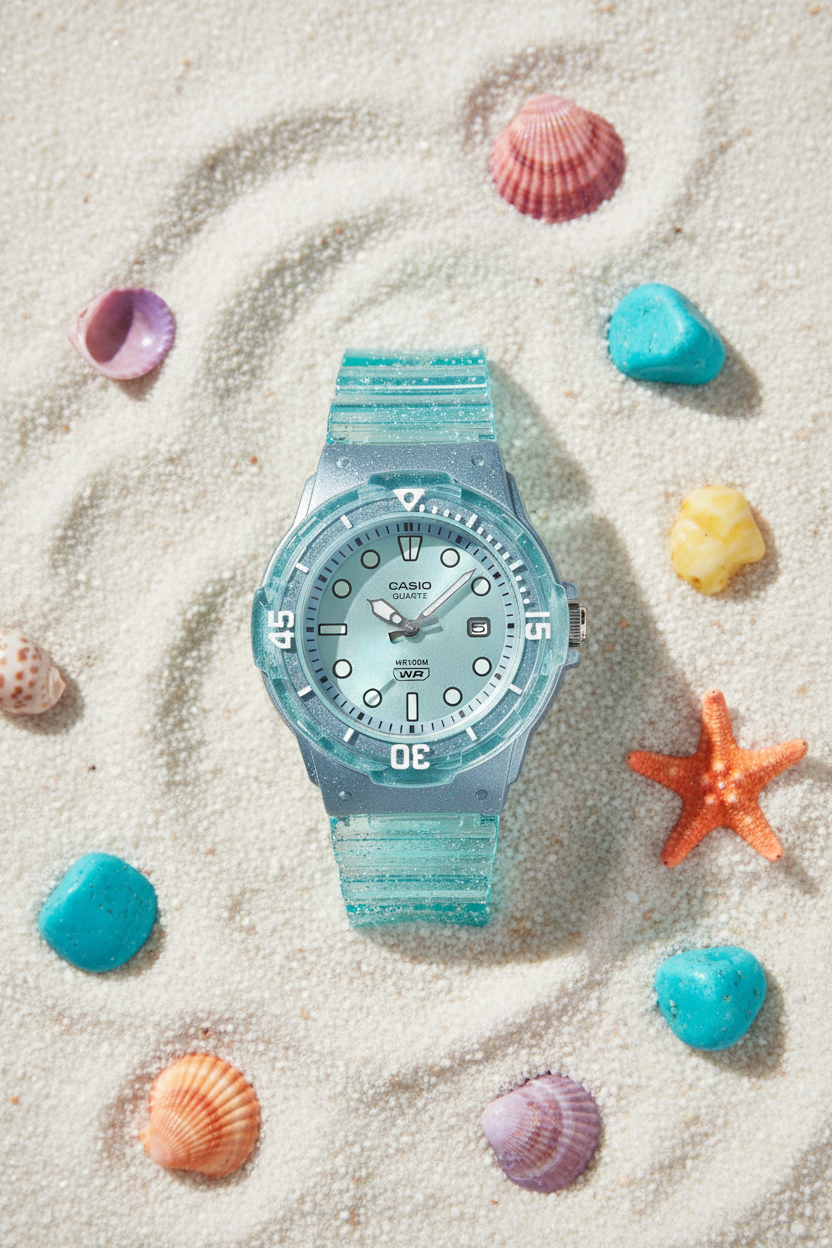 Casio LRW-200HS-2EVDF flat lay sobre arena con estrellas de mar