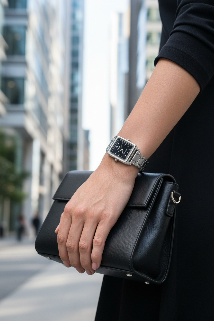 Casio LTP-V007D-1EUDF en muñeca en escena urbana con cartera negra
