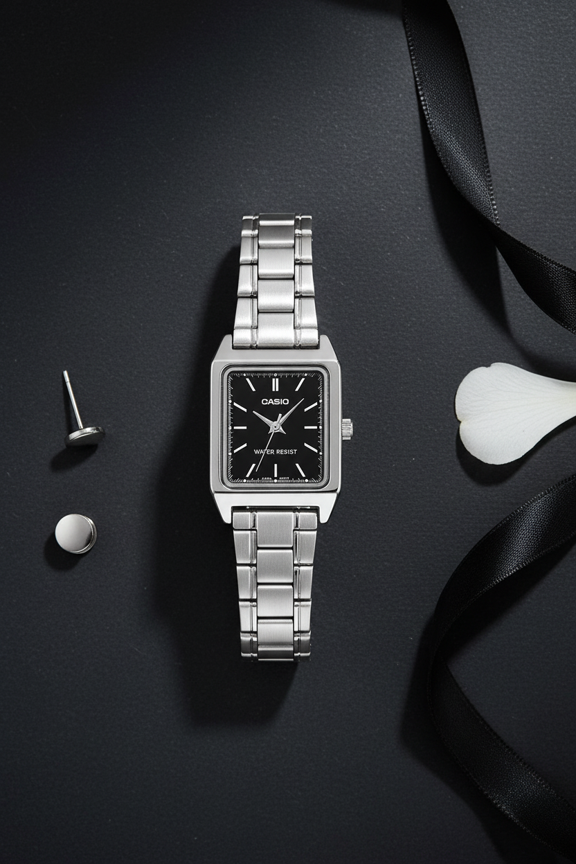 Casio LTP-V007D-1EUDF flat lay sobre pizarra oscura