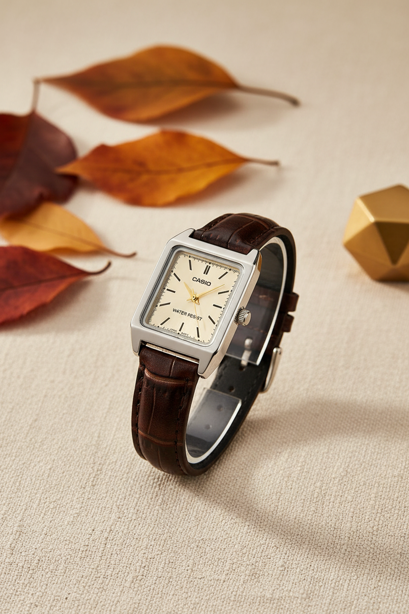 Casio LTP-V007L-9EUDF sobre lino crema con hojas otoñales