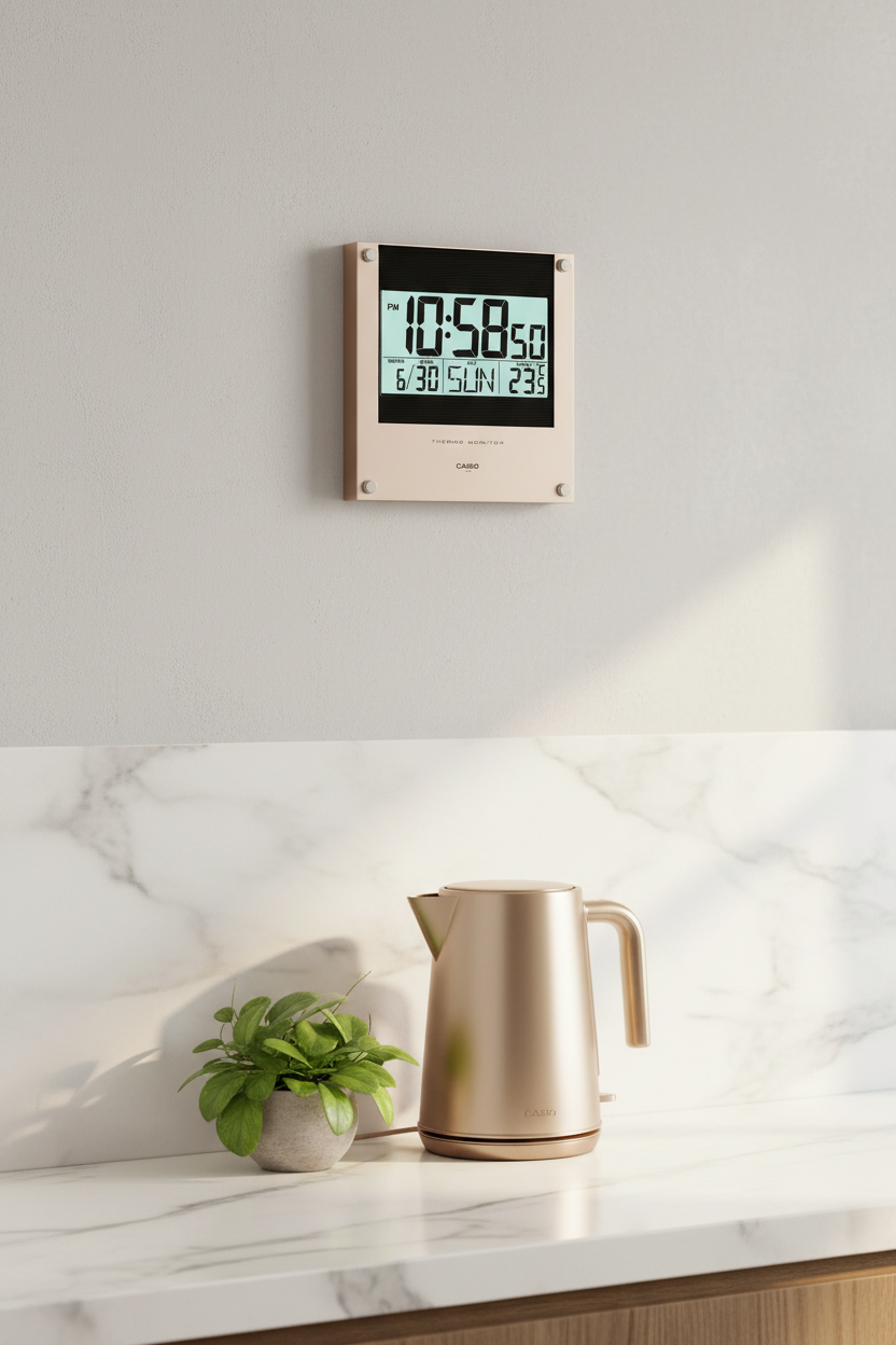 Casio ID-11S-1DF reloj de pared digital slim en cocina con mármol