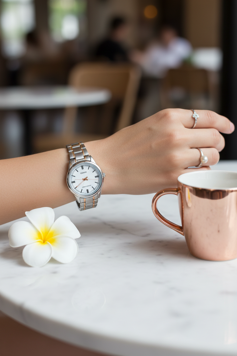 Casio LTP-V005SG-7AUDF en muñeca en café con detalle rose gold