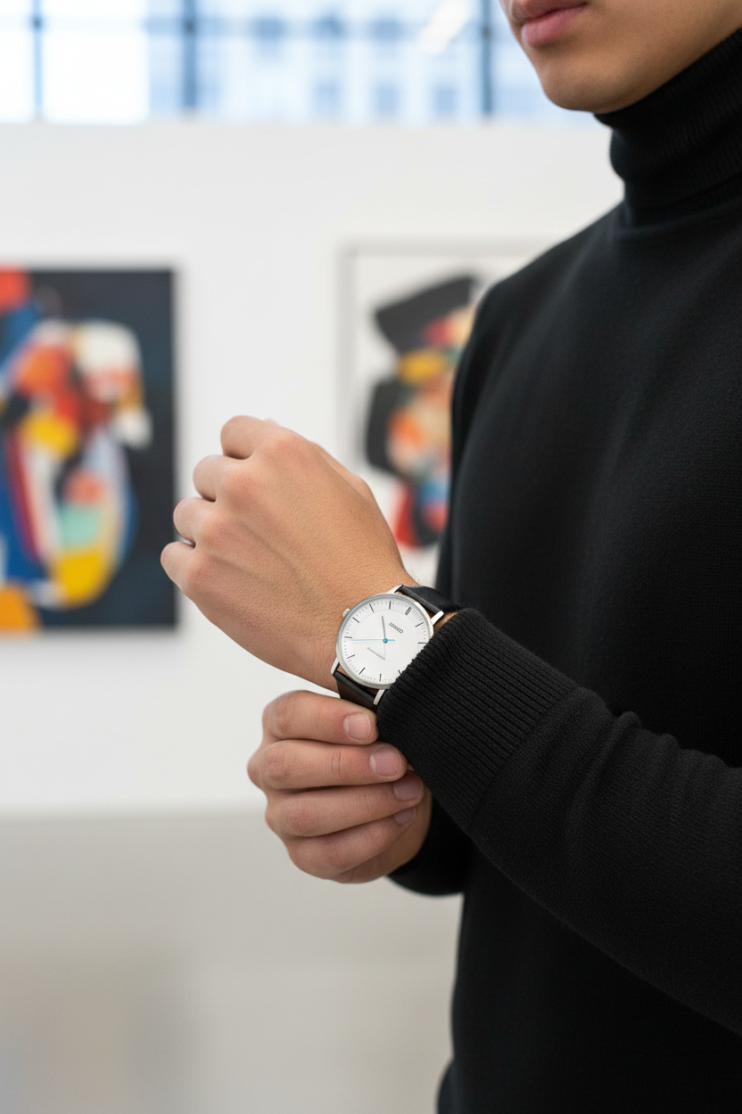 Lifestyle - Sofisticado galería de arte con cuello tortuga negro