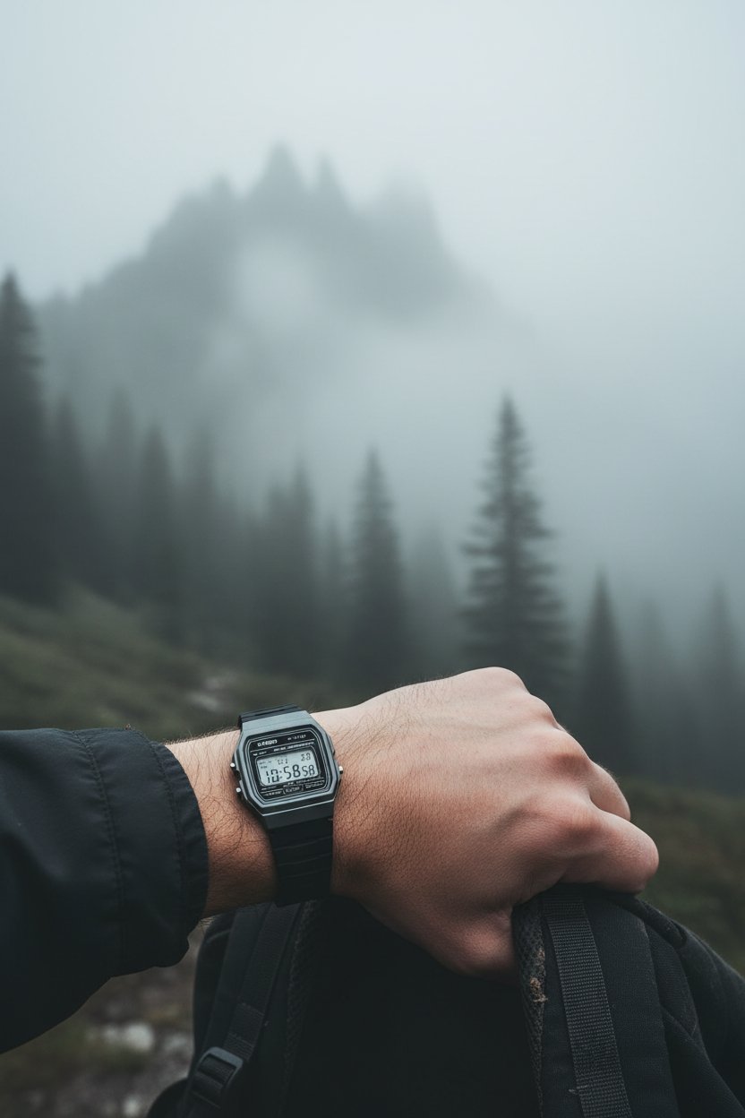 Casio F-91WM-1BDF en muñeca en outdoor montaña misty
