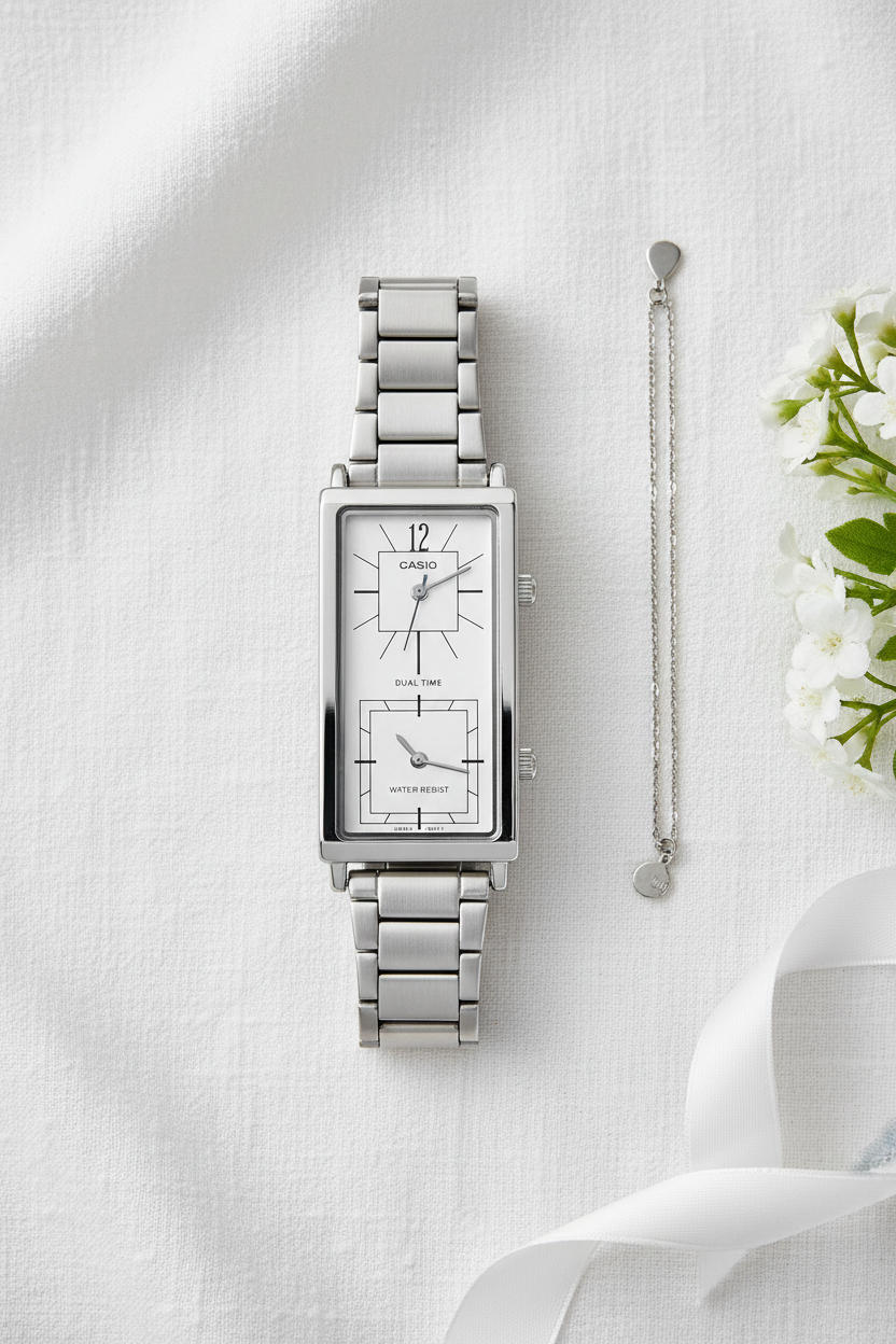 Casio LTP-E151D-7BDF flat lay sobre lino blanco